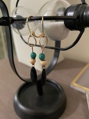 Artisan Gold Drop Earrings with Green and Black Beads